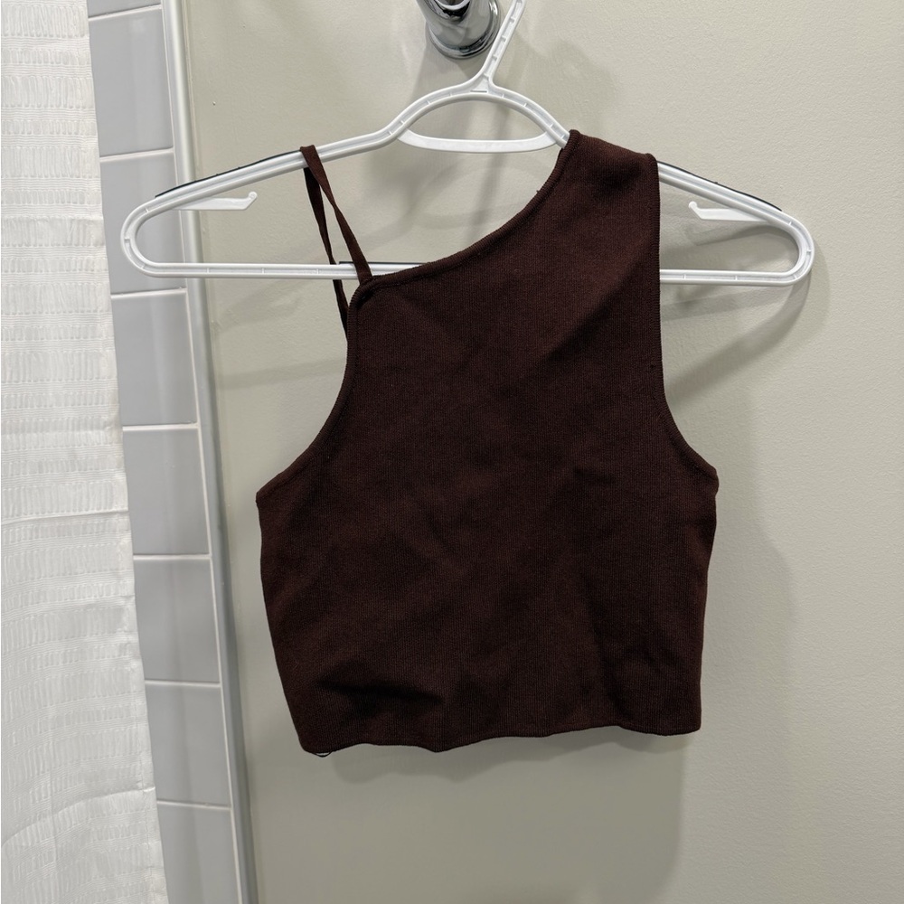 Zara Chocolate Brown One-Shoulder Crop Top